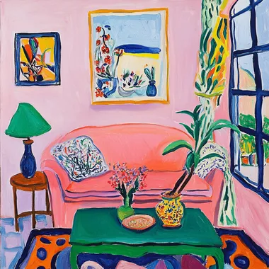 This interior scene painting, with prompts for creation in the style of Matisse, could be: Use the bold and vivid colors of Fauvism, such as a bright pink sofa and a green table lamp, emphasizing the purity and contrast of colors. The lines are simple and smooth, outlining the contours of the indoor objects, abandoning fine realism. The composition focuses on a flat - like effect, weakening the sense of spatial depth to create a relaxed and lively atmosphere. Elements like the decorative paintings and ornaments in the painting are randomly arranged, demonstrating free and expressive artistic characteristics.   --s 50