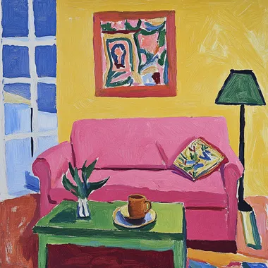 This interior scene painting, with prompts for creation in the style of Matisse, could be: Use the bold and vivid colors of Fauvism, such as a bright pink sofa and a green table lamp, emphasizing the purity and contrast of colors. The lines are simple and smooth, outlining the contours of the indoor objects, abandoning fine realism. The composition focuses on a flat - like effect, weakening the sense of spatial depth to create a relaxed and lively atmosphere. Elements like the decorative paintings and ornaments in the painting are randomly arranged, demonstrating free and expressive artistic characteristics.   --s 50