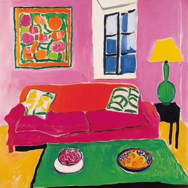 This interior scene painting, with prompts for creation in the style of Matisse, could be: Use the bold and vivid colors of Fauvism, such as a bright pink sofa and a green table lamp, emphasizing the purity and contrast of colors. The lines are simple and smooth, outlining the contours of the indoor objects, abandoning fine realism. The composition focuses on a flat - like effect, weakening the sense of spatial depth to create a relaxed and lively atmosphere. Elements like the decorative paintings and ornaments in the painting are randomly arranged, demonstrating free and expressive artistic characteristics.   --s 50