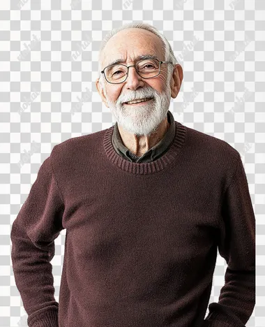grandfather 65 years old, looking at camera, smiling broadly, studio photo, white background, waist-up photo was taken with a Canon EOS camera at f/20