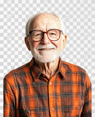 grandfather 65 years old, looking at camera, smiling broadly, studio photo, white background, waist-up photo was taken with a Canon EOS camera at f/20