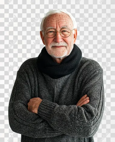 grandfather 65 years old, looking at camera, smiling broadly, studio photo, white background, waist-up photo was taken with a Canon EOS camera at f/20