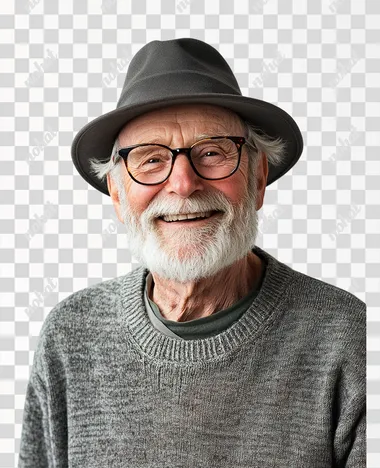 grandfather 65 years old, looking at camera, smiling broadly, studio photo, white background, waist-up photo was taken with a Canon EOS camera at f/20