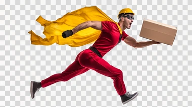 Super hero pizza delivery guy isolated on white