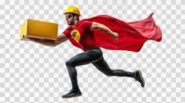 Super hero pizza delivery guy isolated on white