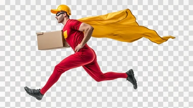 Super hero pizza delivery guy isolated on white
