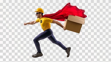 Super hero pizza delivery guy isolated on white