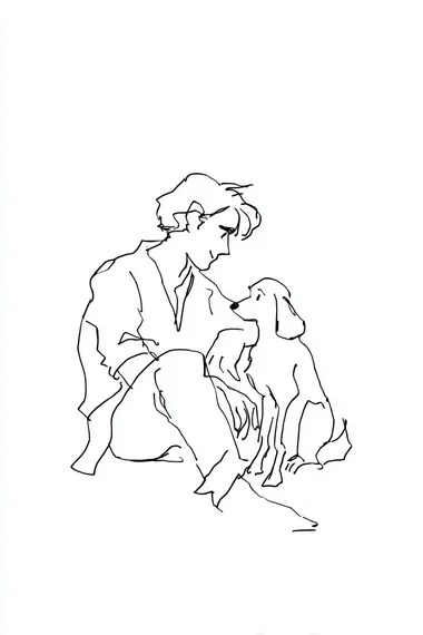 minimalist happy man with a dirty dog, one continuous line, ink art, black and white, white background, studio ghibli style   t8u3zu7