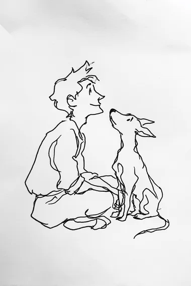 minimalist happy man with a dirty dog, one continuous line, ink art, black and white, white background, studio ghibli style   t8u3zu7