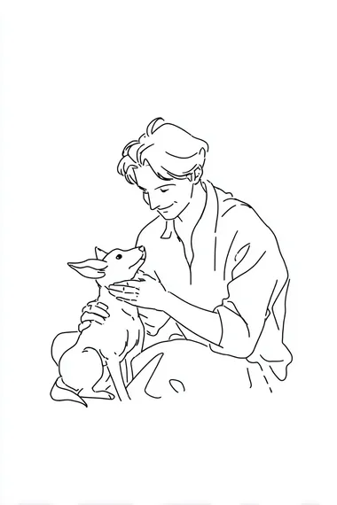 minimalist happy man with a dirty dog, one continuous line, ink art, black and white, white background, studio ghibli style   t8u3zu7