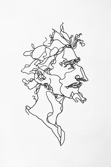 minimalist happy man with a dirty dog, one continuous line, ink art, black and white, white background, studio ghibli style   t8u3zu7