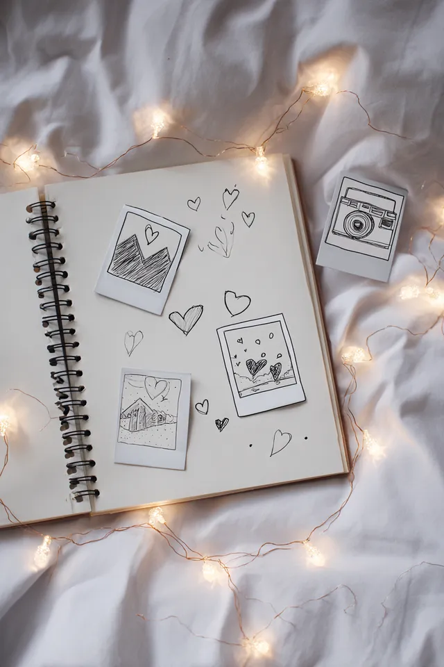 Hand-Drawn Polaroid Sketch with Fairy Lights