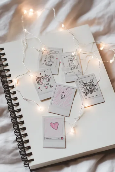 hand-drawn sketch of collection of polaroid photos with doodles and hearts drawn on them, connected by a delicate string of fairy lights, cute,simple, playful strokes, white paper background, soft pencil shading, cozy and charming aesthetic, sketchbook style  --s 50 --raw