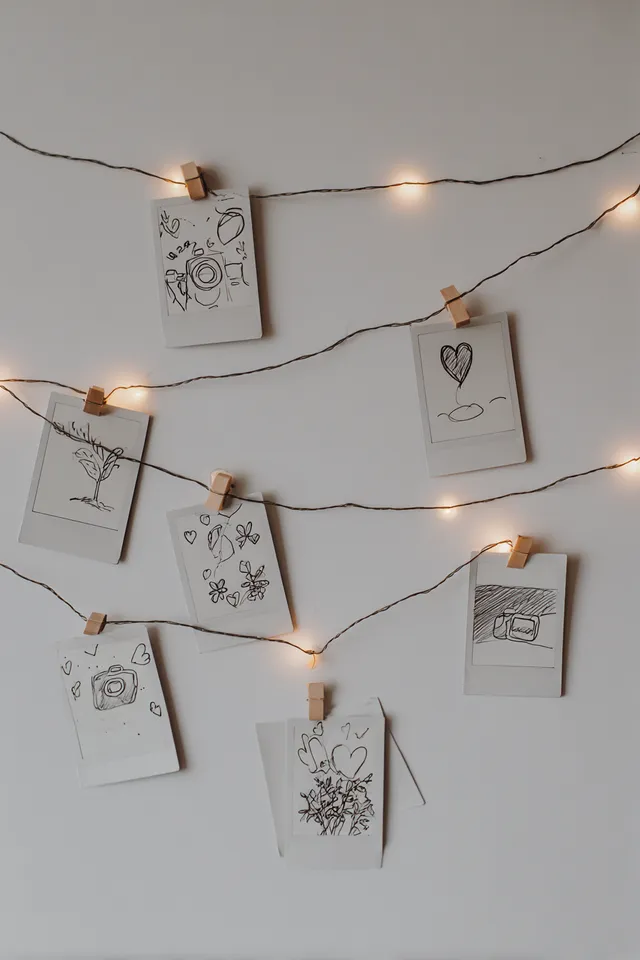 Whimsical Polaroid Photo Display with Fairy Lights