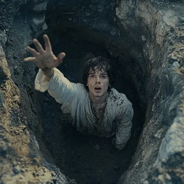 A still from the movie *The Bible: Genesis*, shot from outside the pit looking down into it. The pit is 4 meters wide and 2 meters deep. Eighteen-year-old Joseph, wearing a white robe stained with dirt, has fallen and is lying in the pit. His expression is fearful and sorrowful, with furrowed brows, as he extends one hand upward, seemingly calling for help. The background shows the vast expanse of the pit. The scene is richly detailed and sharply rendered in a movie poster style, giving it an epic cinematic feel.