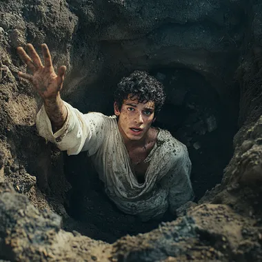 A still from the movie *The Bible: Genesis*, shot from outside the pit looking down into it. The pit is 4 meters wide and 2 meters deep. Eighteen-year-old Joseph, wearing a white robe stained with dirt, has fallen and is lying in the pit. His expression is fearful and sorrowful, with furrowed brows, as he extends one hand upward, seemingly calling for help. The background shows the vast expanse of the pit. The scene is richly detailed and sharply rendered in a movie poster style, giving it an epic cinematic feel.