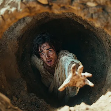 A still from the movie *The Bible: Genesis*, shot from outside the pit looking down into it. The pit is 4 meters wide and 2 meters deep. Eighteen-year-old Joseph, wearing a white robe stained with dirt, has fallen and is lying in the pit. His expression is fearful and sorrowful, with furrowed brows, as he extends one hand upward, seemingly calling for help. The background shows the vast expanse of the pit. The scene is richly detailed and sharply rendered in a movie poster style, giving it an epic cinematic feel.