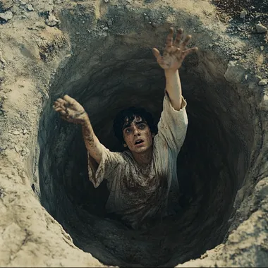 A still from the movie *The Bible: Genesis*, shot from outside the pit looking down into it. The pit is 4 meters wide and 2 meters deep. Eighteen-year-old Joseph, wearing a white robe stained with dirt, has fallen and is lying in the pit. His expression is fearful and sorrowful, with furrowed brows, as he extends one hand upward, seemingly calling for help. The background shows the vast expanse of the pit. The scene is richly detailed and sharply rendered in a movie poster style, giving it an epic cinematic feel.