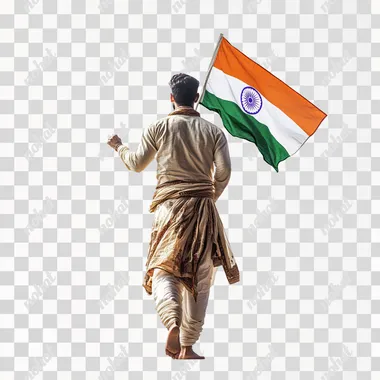 photorealistic, a wide angle, dynamic, full length rear view shot of a man wearing traditional Kurta & Pyjama, Indian holding an India Tri colour flag in right hand and flag blowing in the wind, low angle shot. capturing the spirit of Indian Independence Day and scene filled with a sense of freedom and patriotism. white background, isolated image.