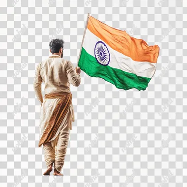photorealistic, a wide angle, dynamic, full length rear view shot of a man wearing traditional Kurta & Pyjama, Indian holding an India Tri colour flag in right hand and flag blowing in the wind, low angle shot. capturing the spirit of Indian Independence Day and scene filled with a sense of freedom and patriotism. white background, isolated image.