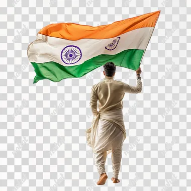 photorealistic, a wide angle, dynamic, full length rear view shot of a man wearing traditional Kurta & Pyjama, Indian holding an India Tri colour flag in right hand and flag blowing in the wind, low angle shot. capturing the spirit of Indian Independence Day and scene filled with a sense of freedom and patriotism. white background, isolated image.