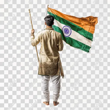 photorealistic, a wide angle, dynamic, full length rear view shot of a man wearing traditional Kurta & Pyjama, Indian holding an India Tri colour flag in right hand and flag blowing in the wind, low angle shot. capturing the spirit of Indian Independence Day and scene filled with a sense of freedom and patriotism. white background, isolated image.