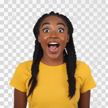 Amused Excited gorgeous black american woman, wearing yellow T-Shirt, Braided Hairstyle, White Background, Real Image, 4k