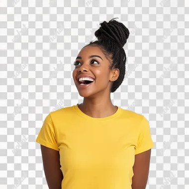 Amused Excited gorgeous black american woman, wearing yellow T-Shirt, Braided Hairstyle, White Background, Real Image, 4k