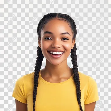 Amused Excited gorgeous black american woman, wearing yellow T-Shirt, Braided Hairstyle, White Background, Real Image, 4k