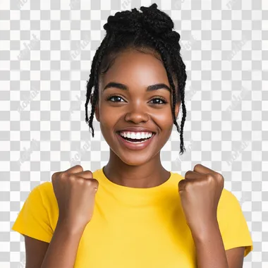 Amused Excited gorgeous black american woman, wearing yellow T-Shirt, Braided Hairstyle, White Background, Real Image, 4k