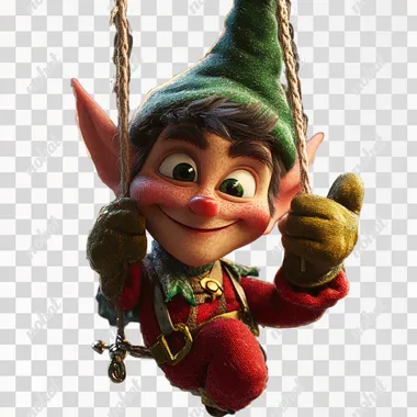 elf hanging down holding a glove in the style of disney pixar