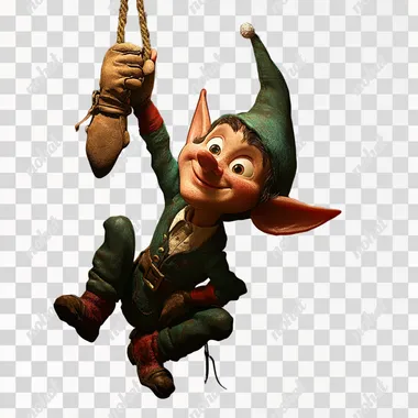 elf hanging down holding a glove in the style of disney pixar