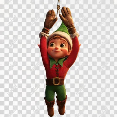 elf hanging down holding a glove in the style of disney pixar