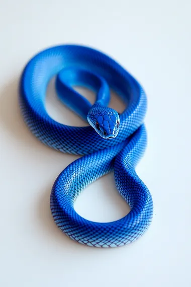 a blue Klein snake on a white background, with a thin pointed tail starting at the top, no part of its body touching, zig-zag