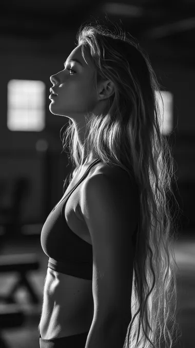 young female in gym, high details, realistic image, perfect body, posing, long blonde hair, 35mm lens, f/1.8, global illumination, natural light, uplight, ilford film stock