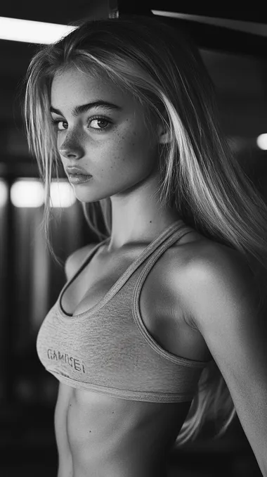 young female in gym, high details, realistic image, perfect body, posing, long blonde hair, 35mm lens, f/1.8, global illumination, natural light, uplight, ilford film stock