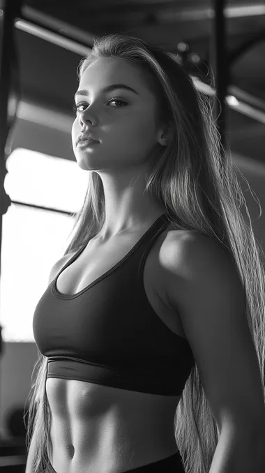young female in gym, high details, realistic image, perfect body, posing, long blonde hair, 35mm lens, f/1.8, global illumination, natural light, uplight, ilford film stock