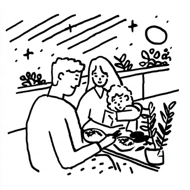 A family of three is sitting around the dining table eating, with an Asian mother and father and daughter enjoying their meal together in the style of line art. The background features simple black lines depicting plants and moonlight. A cute little girl sits on her dad's lap while they eat at night. They wear light-colored , creating a warm atmosphere. This scene conveys warmth through minimalist lines and shading techniques. It has been drawn using vector graphics, with a focus on the faces.  aprutih  --s 250