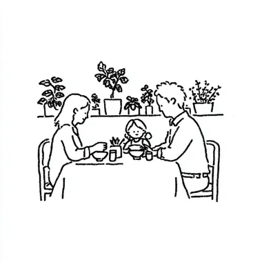 A family of three is sitting around the dining table eating, with an Asian mother and father and daughter enjoying their meal together in the style of line art. The background features simple black lines depicting plants and moonlight. A cute little girl sits on her dad's lap while they eat at night. They wear light-colored , creating a warm atmosphere. This scene conveys warmth through minimalist lines and shading techniques. It has been drawn using vector graphics, with a focus on the faces.  aprutih  --s 250