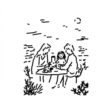 A family of three is sitting around the dining table eating, with an Asian mother and father and daughter enjoying their meal together in the style of line art. The background features simple black lines depicting plants and moonlight. A cute little girl sits on her dad's lap while they eat at night. They wear light-colored , creating a warm atmosphere. This scene conveys warmth through minimalist lines and shading techniques. It has been drawn using vector graphics, with a focus on the faces.  aprutih  --s 250