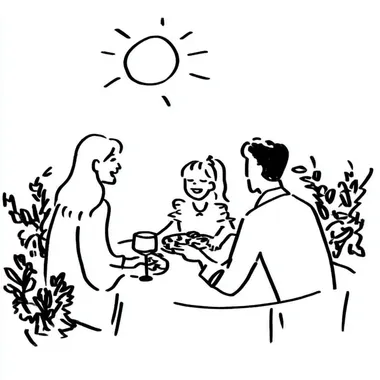 A family of three is sitting around the dining table eating, with an Asian mother and father and daughter enjoying their meal together in the style of line art. The background features simple black lines depicting plants and moonlight. A cute little girl sits on her dad's lap while they eat at night. They wear light-colored , creating a warm atmosphere. This scene conveys warmth through minimalist lines and shading techniques. It has been drawn using vector graphics, with a focus on the faces.  aprutih  --s 250