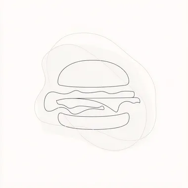 One-line drawing style, minimalistic, white background, cheeseburger, close-up, elegant, thin lines, delicate curves, elegant simplicity, clean design with negative space, minimalist aesthetic, focus on contour edges. rofile 5tgensb