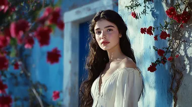 A beautiful young woman with long dark hair in an open white dress, posing for the camera and looking at the viewer. The scene is set outside a Greek house with blue walls and red flowers, as if it were a screenshot from a movie. This is a screengrab in the style of Yorgos Lanthimos.