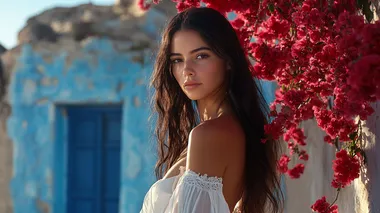 A beautiful young woman with long dark hair in an open white dress, posing for the camera and looking at the viewer. The scene is set outside a Greek house with blue walls and red flowers, as if it were a screenshot from a movie. This is a screengrab in the style of Yorgos Lanthimos.