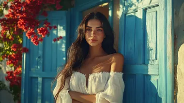 A beautiful young woman with long dark hair in an open white dress, posing for the camera and looking at the viewer. The scene is set outside a Greek house with blue walls and red flowers, as if it were a screenshot from a movie. This is a screengrab in the style of Yorgos Lanthimos.