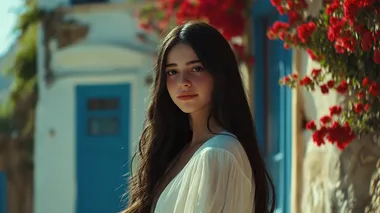 A beautiful young woman with long dark hair in an open white dress, posing for the camera and looking at the viewer. The scene is set outside a Greek house with blue walls and red flowers, as if it were a screenshot from a movie. This is a screengrab in the style of Yorgos Lanthimos.