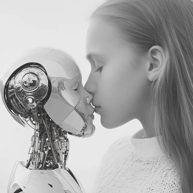 Woman Kissing Humanoid Robot in Black and White Urban Setting