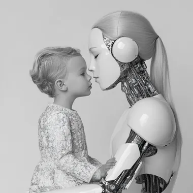 editorial black and white photo of mom humanoid robot and kid humanoid robot    v1a6shw --s 200