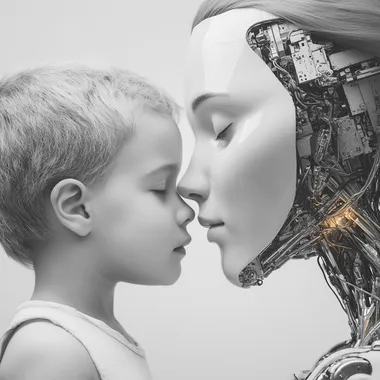 editorial black and white photo of mom humanoid robot and kid humanoid robot    v1a6shw --s 200