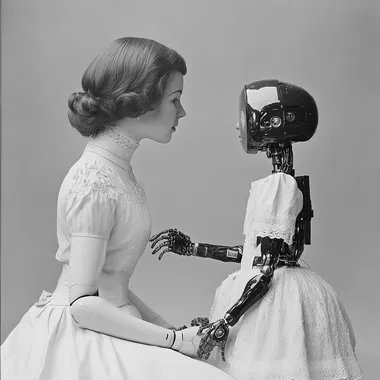 editorial black and white photo of mom humanoid robot and kid humanoid robot    v1a6shw --s 200